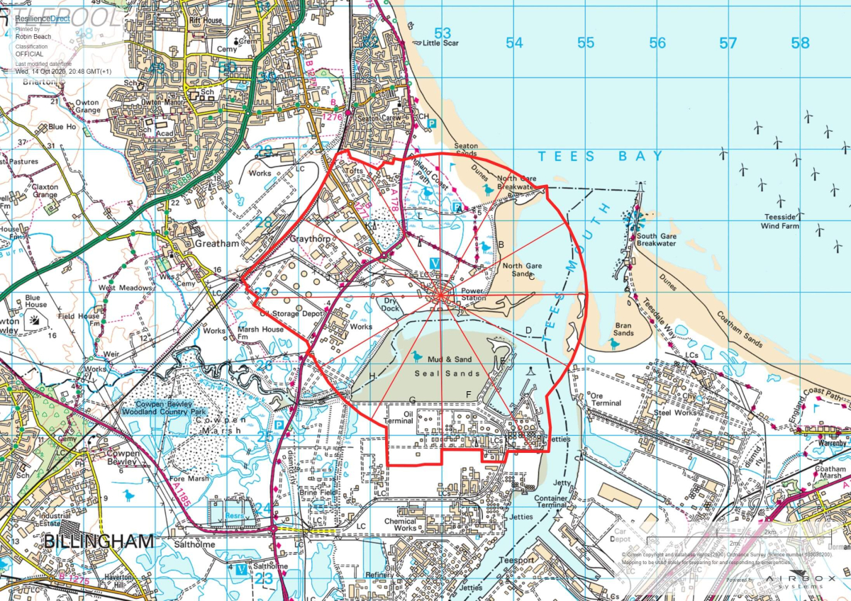 Map showing red outline of Detailed Emergency Planning Zone in Hartlepool