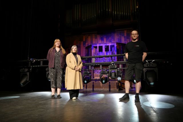 Left to right: Amy Orr, Hartlepool Borough Council’s Creative Venues and Events Manager, Councillor Karen Oliver and Josh Dunn, Assistant Project Manager of Axiom, on stage with some of the new lighting equipment.