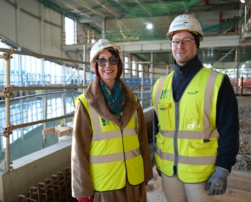 Councillor Brenda Harrison with Kristian Kerr from Wates beside one of the pools during testing