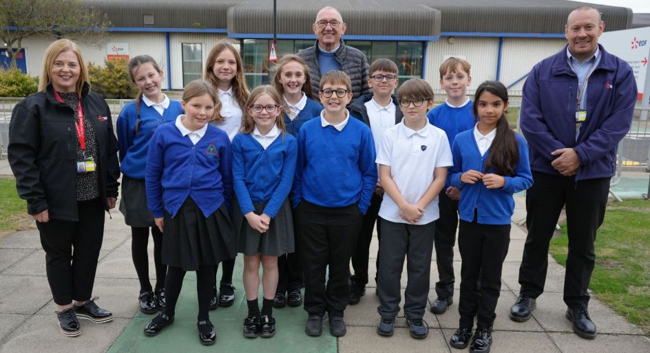 Pupils from Eskdale Academy and Jesmond Gardens Primary School with (l-r) Keeley Potter, EDF's Visitor Centre Co-ordinator; Councillor Jim Lindridge, Chair of Hartlepool Borough Council’s Children’s Services Committee and EDF HR Manager Duncan Bain