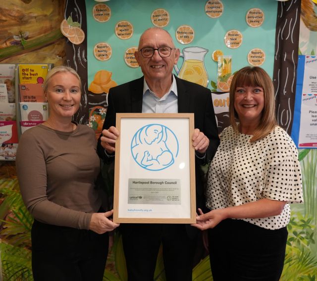 (Left to right) Michelle Readhead, the Council’s Specialist Nurse – Infant Feeding and Healthy Weight, Councillor Jim Lindridge and Clare Wright, the Council’s Clinical Lead for Health Visiting and School Nursing, with the award
