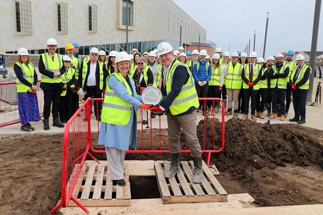 Councillor Pamela Hargreaves, Leader of Hartlepool Borough Council, and David Wingfield, Managing Director, Wates, Construction East, with the time capsule.
