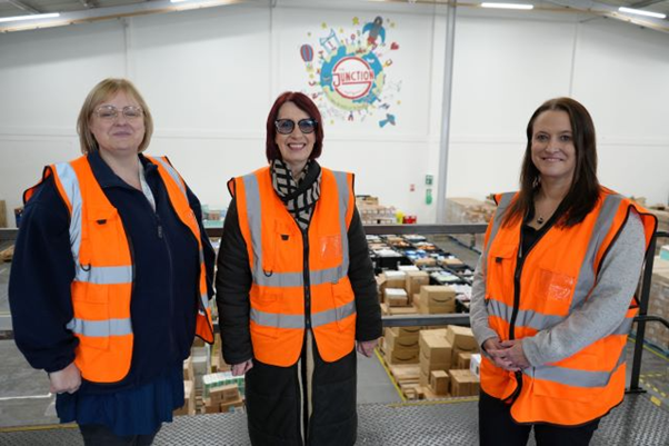 (From left) Marnie Ramsey, Hartlepool Borough Council’s Head of Service (Community Hubs and Wellbeing), Councillor Brenda Harrison and Beth Major in the charity’s warehouse