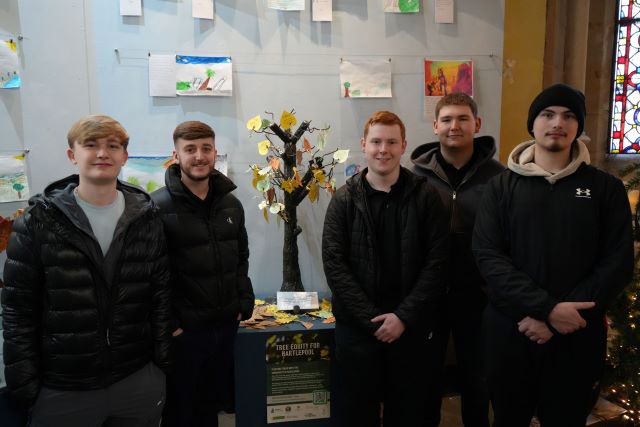 Some of the welding apprentices at Hartlepool College of Further Education who made the 'Community Pledge Tree' - (left to right) Jacob Turnedge, Dale Cliff, Alex Taylor-Hill, Peter Foster and Lincoln Gustard - pictured with the tree.