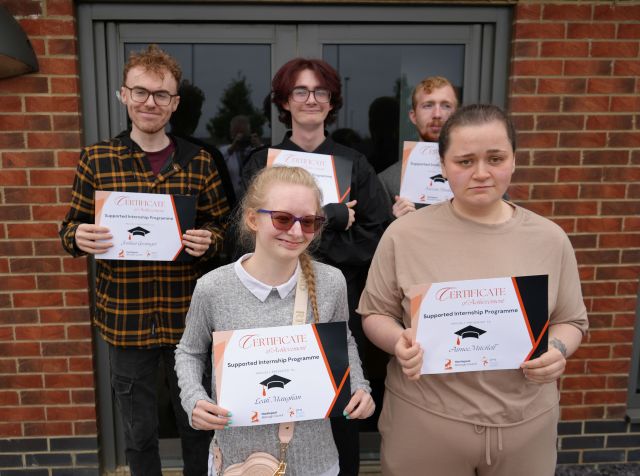 Some of the Asda Supported Interns with their awards: (left to right) Joshua Grainger, Leah Maughan, Noah Hunter, Kieran Hunter and Aimee Mitchell