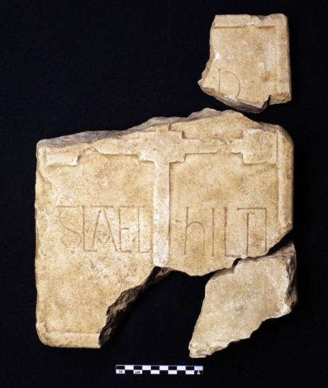 A grave marker showing the name Glaethild, from the Hart Manor excavations