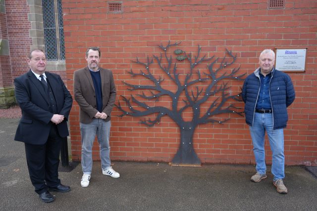 1.	Left to right: Andrew Lawson, Councillor Gary Allen and Tony Larkin beside the Tree of Remembrance