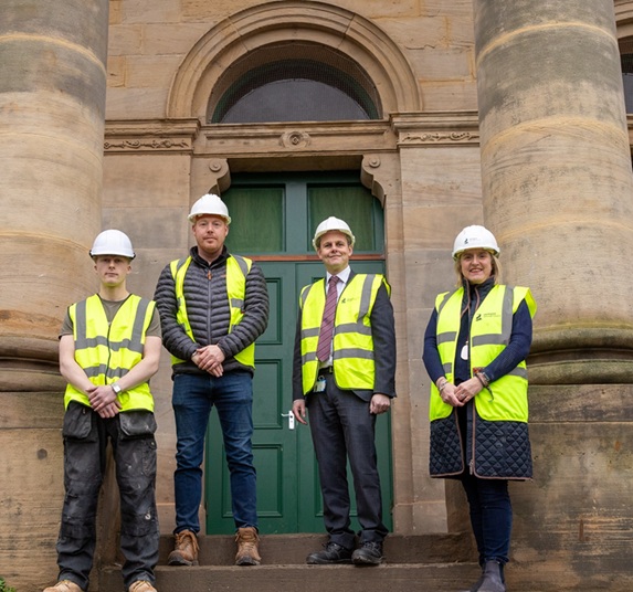 (Left-right): Apprentice joiner Kristian Emmerson, Jomast Site Manager Dan Wheatley, Hartlepool Town Deal Board member Gary Wright and Councillor Pamela Hargreaves, Leader of Hartlepool Borough Council